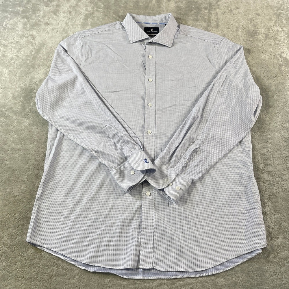Psycho Bunny‎ Dress Shirt Mens 17 34/35 White Blue Modern Fit Stretch Geometric